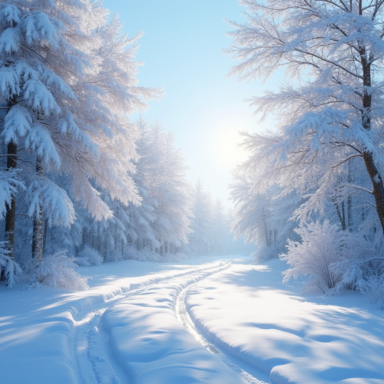 Snow-covered suburban street with frosted trees and a winter morning glow