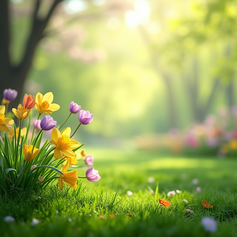 Bright spring landscape with blooming flowers and green grass under a clear sky.