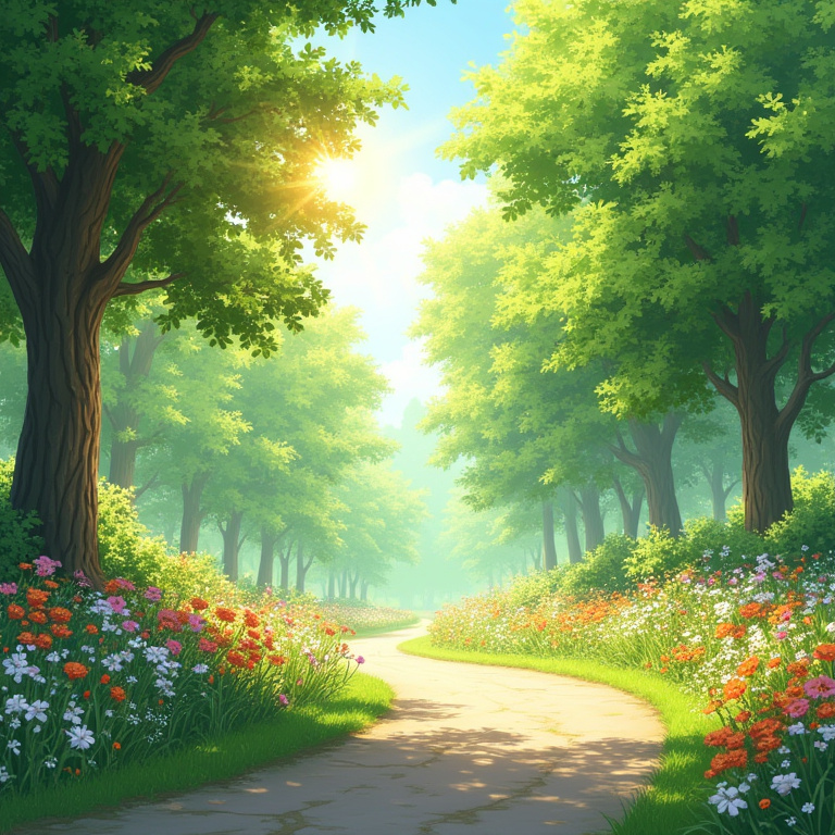 Sunny backyard with a blue sky and trees in full summer bloom