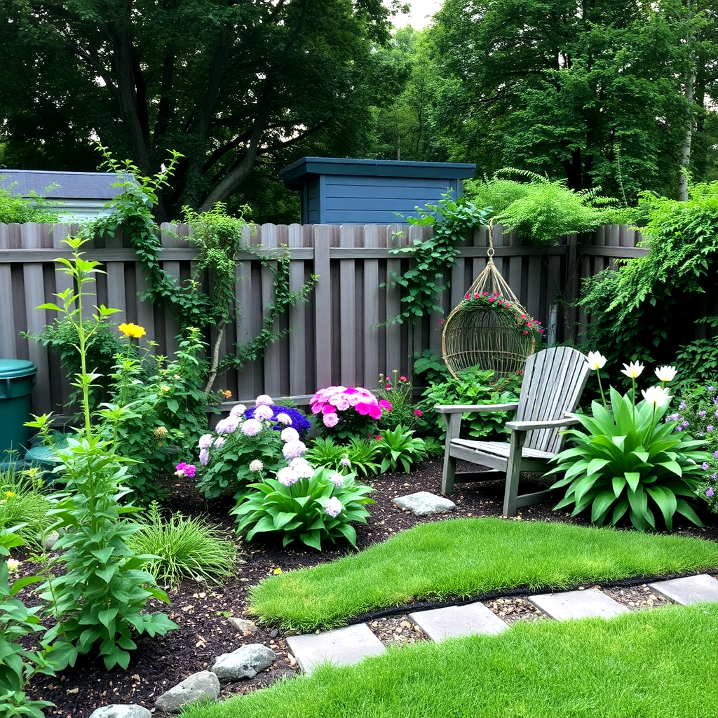 Still spring backyard with tool shed nearby.