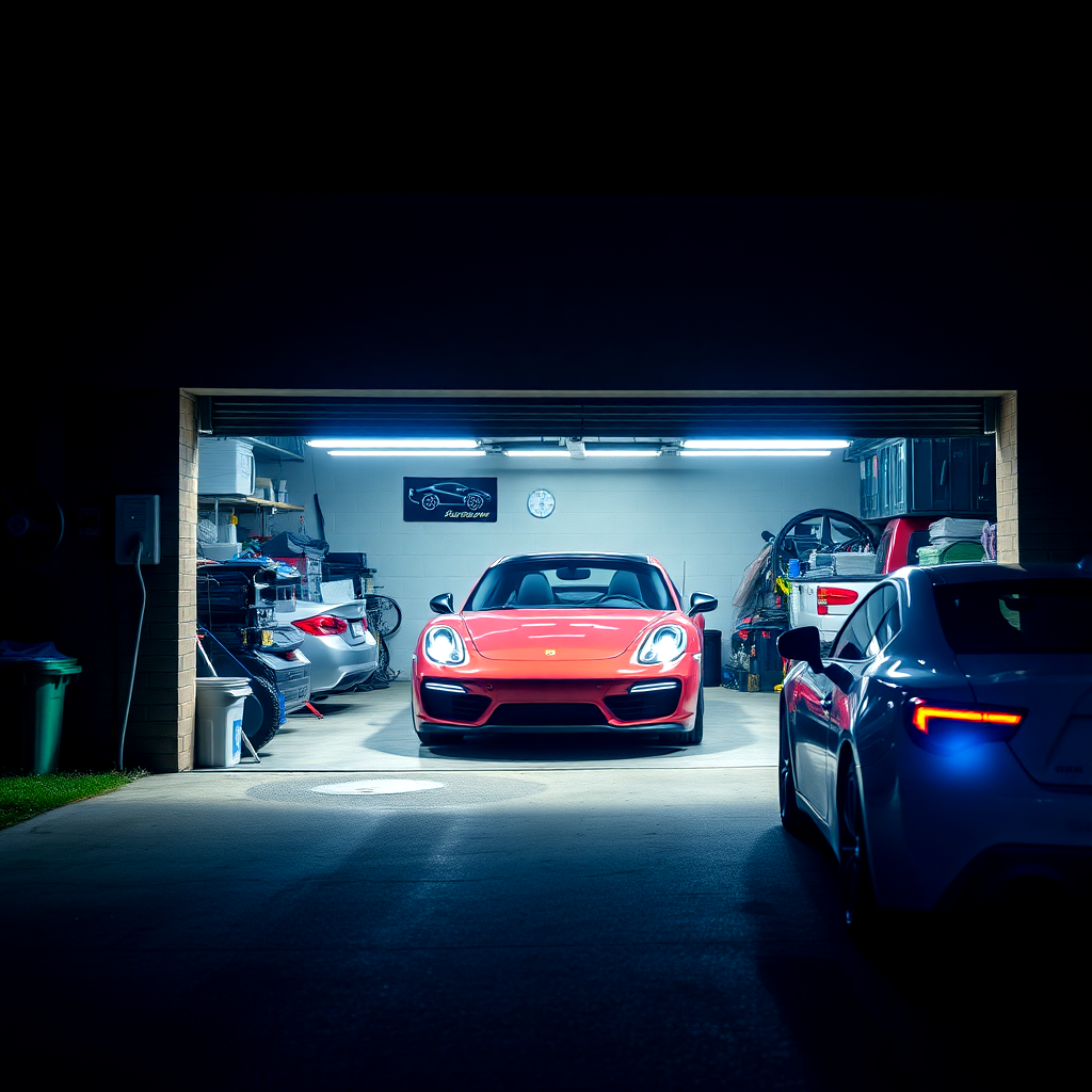 Well-lit modern home garage at dusk, symbolizing upgrades
